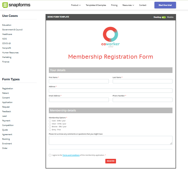 Snapforms website showing example of an embedded form.