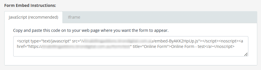 Snapforms interface showing JavaScript that is required for embedding the form on a website