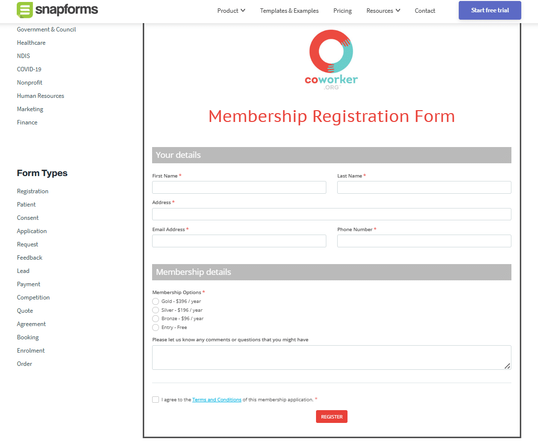 Snapforms website showing example of an embedded form.