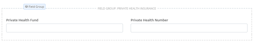 Snapforms interface showing a field group containing two fields for capturing private health insurance details