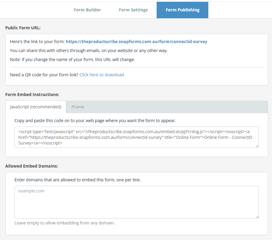 Snapforms interface showing publishing links and embed instructions