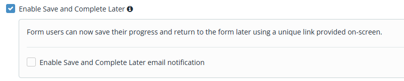 Snapforms interface showing save and complete later settings