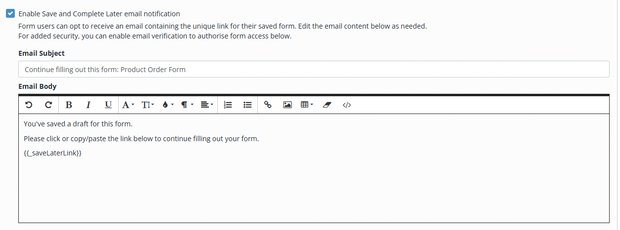 Snapforms interface showing save and complete email notification settings