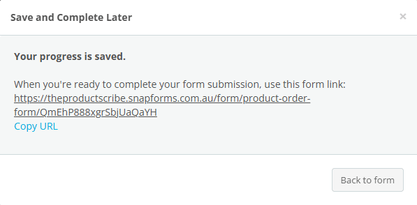 Snapforms interface showing saved form link