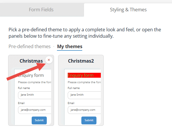 Snapforms interface showing my themes can be deleted by clicking the X.