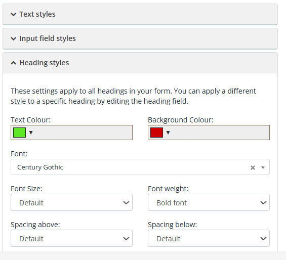 Snapforms interface showing custom styling settings
