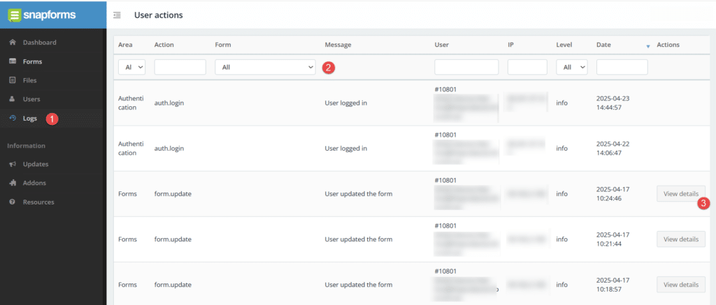 User actions log - Snapforms Resources & FAQs