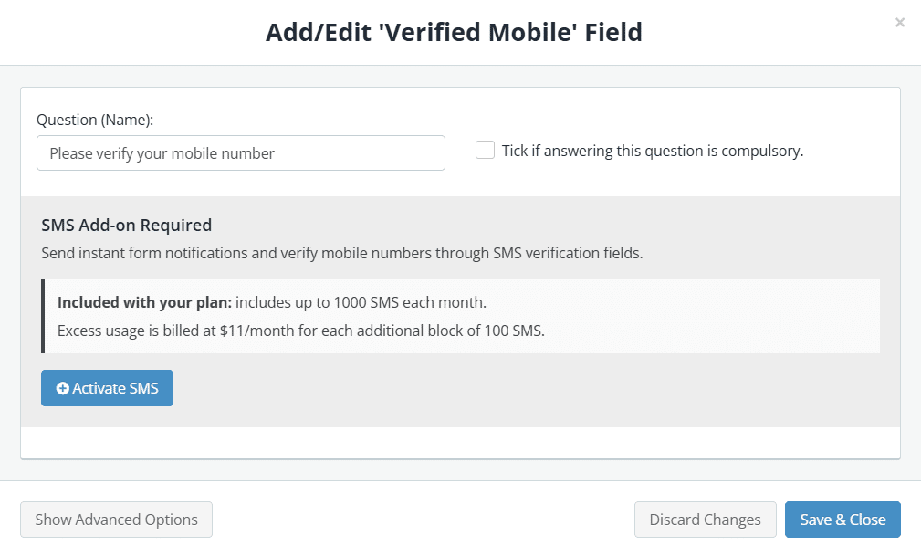 Snapforms interface showing the SMS Verification field settings