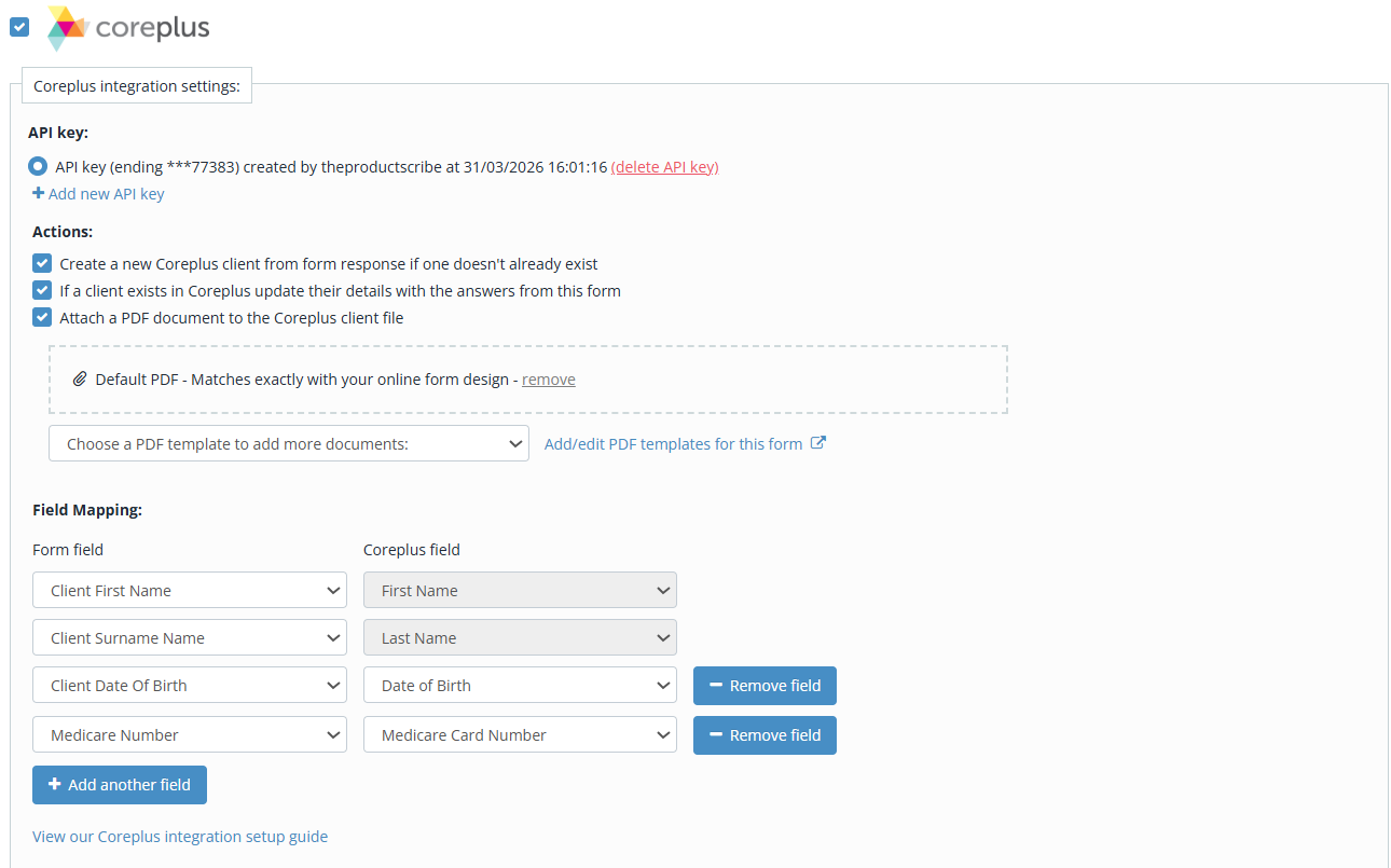 Coreplus integration field mapping showing form-to-Coreplus field pairs
