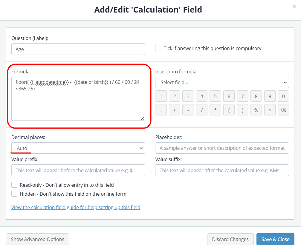 Snapforms interface showing a calculation formula for auto-calculating age based on date of birth