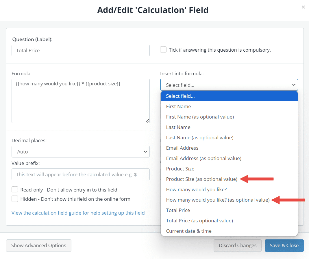 Calculation field editor showing formula box and field dropdown for inserting fields
