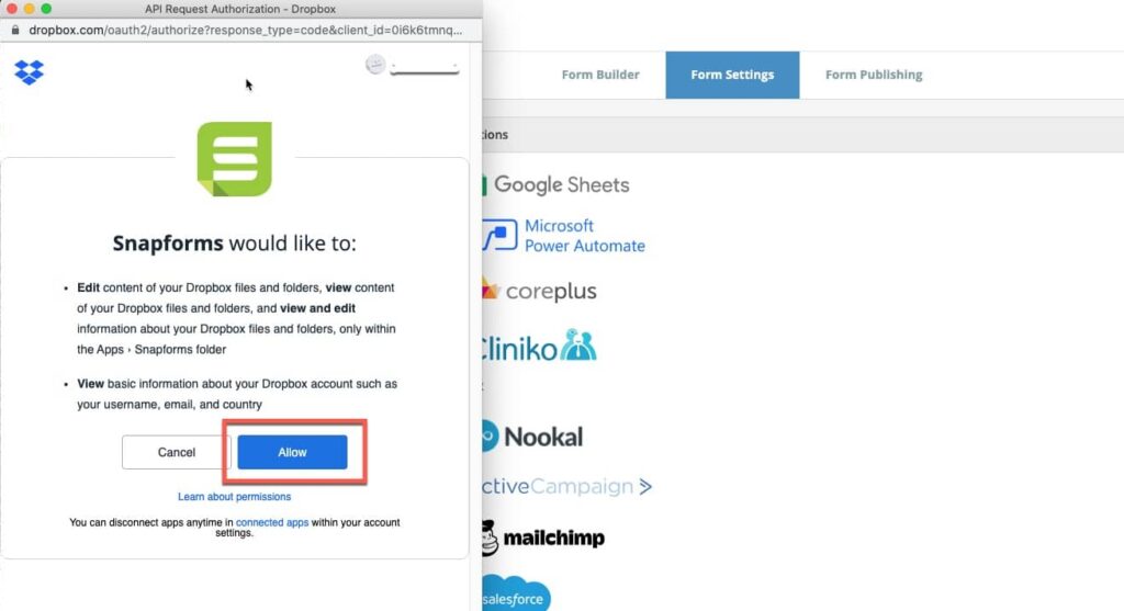 Dropbox Integration Setup - Snapforms Resources & FAQs