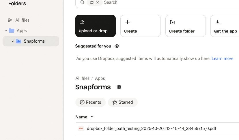 Dropbox interface showing Snapforms folder structure