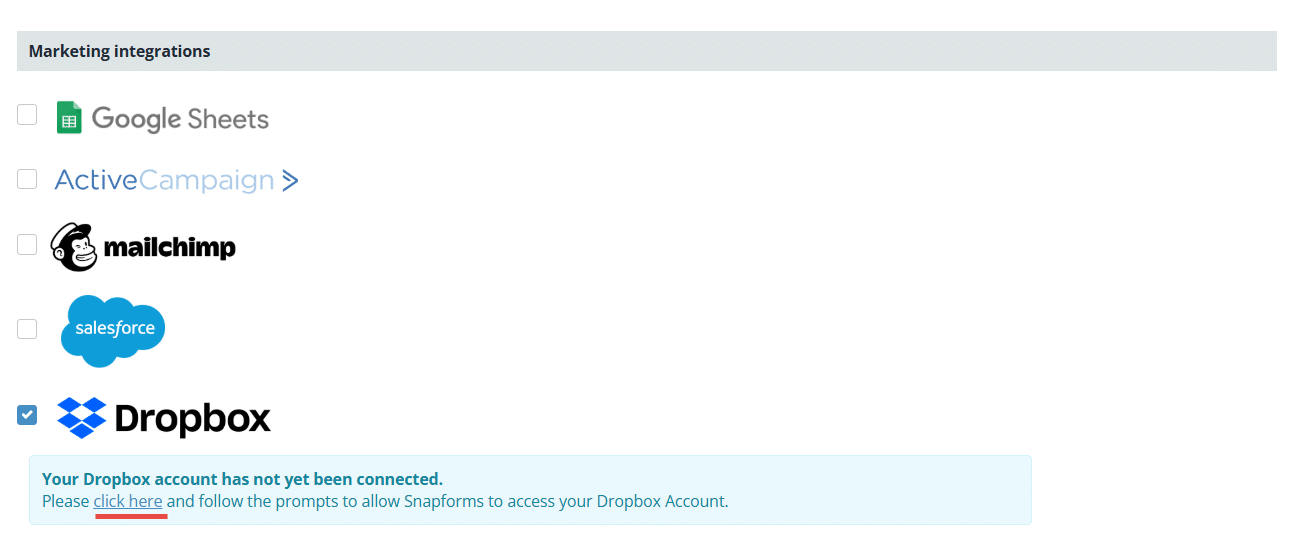 Snapforms interface showing Dropbox integration option