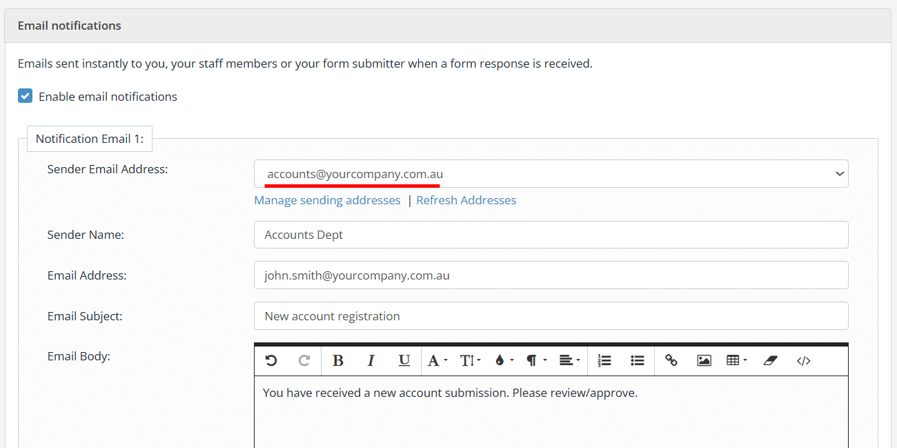 Snapforms interface showing notification email settings.