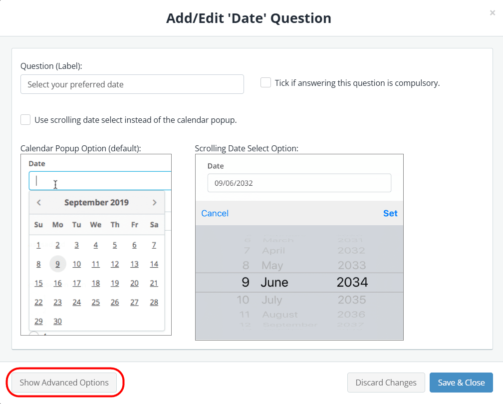 Snapforms interface showing the date select field