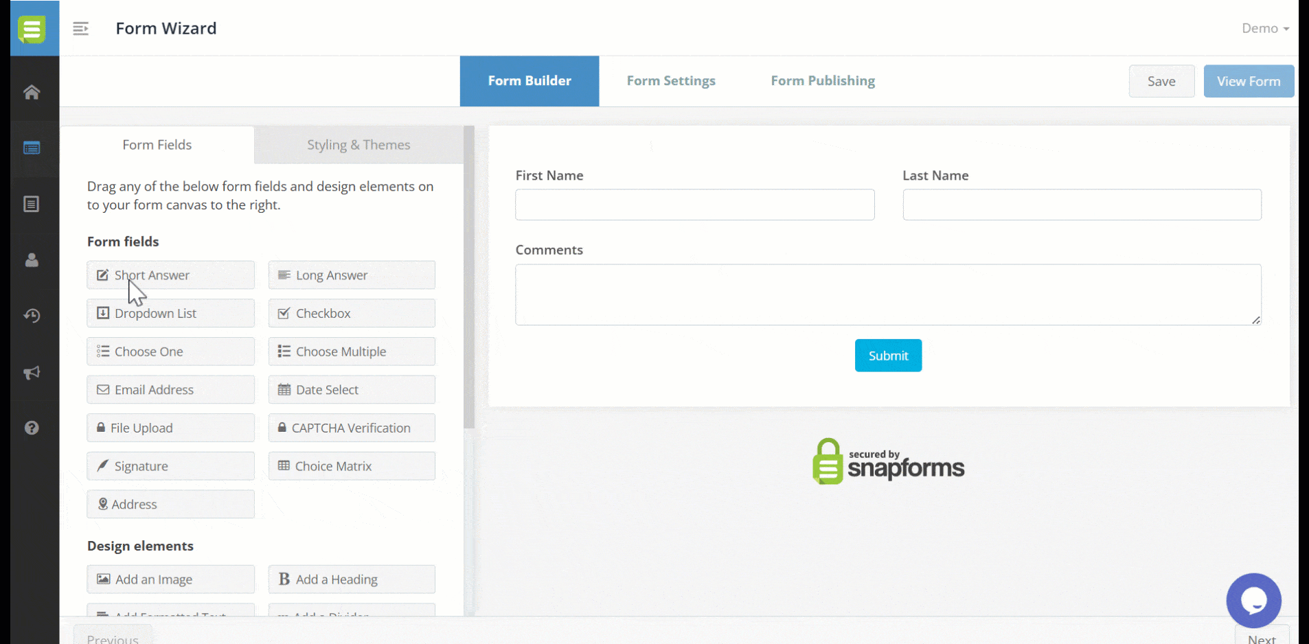 Form builder showing a short answer field being added to a blank form to collect data about their favourite brand