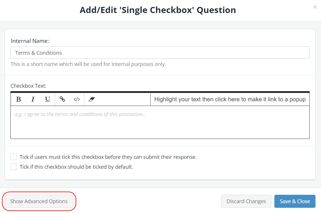 Snapforms form builder showing Single Checkbox settings