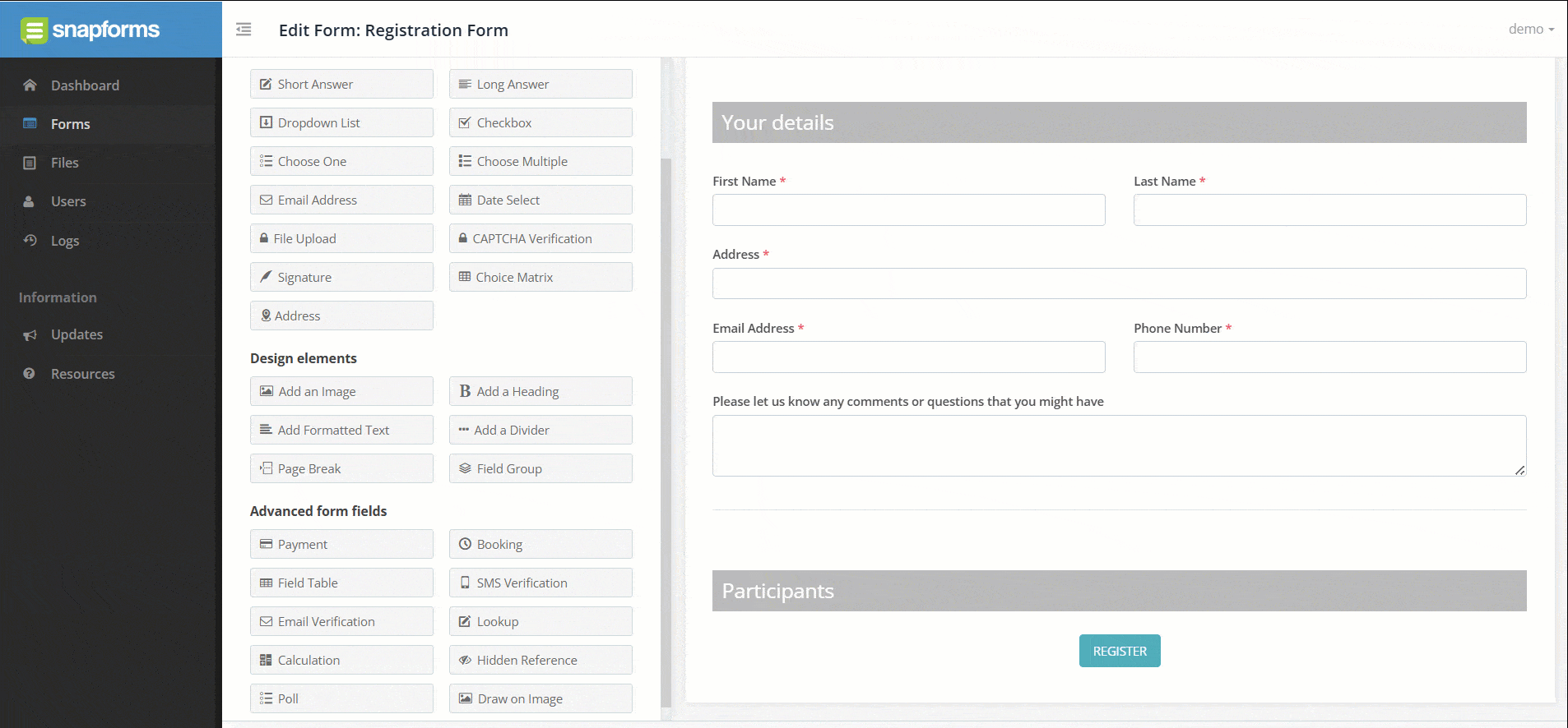 Snapforms interface showing a field table on a form
