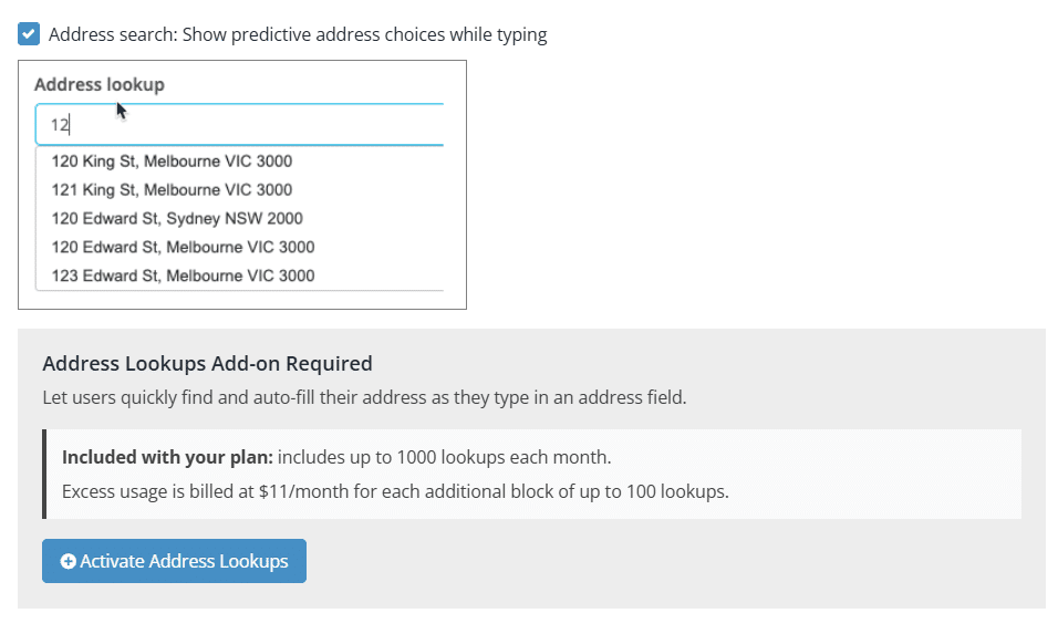 Snapforms interface showing address lookup option in the Address Field settings
