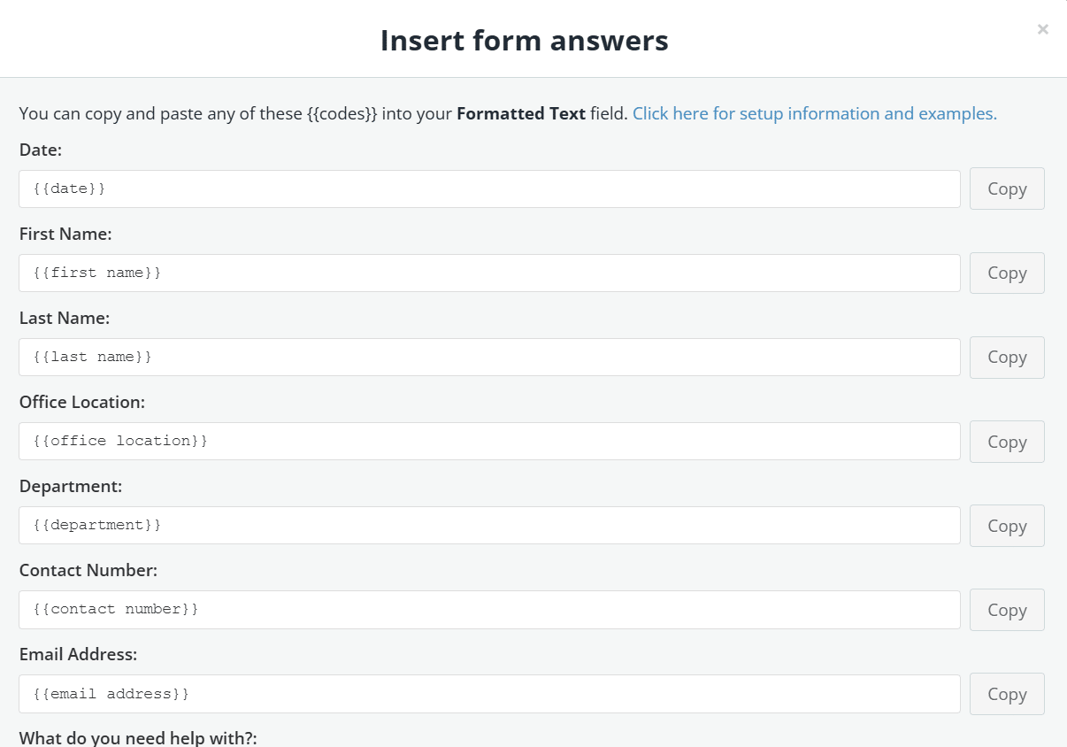 Snapforms interface showing list of field short-codes relating to an example form