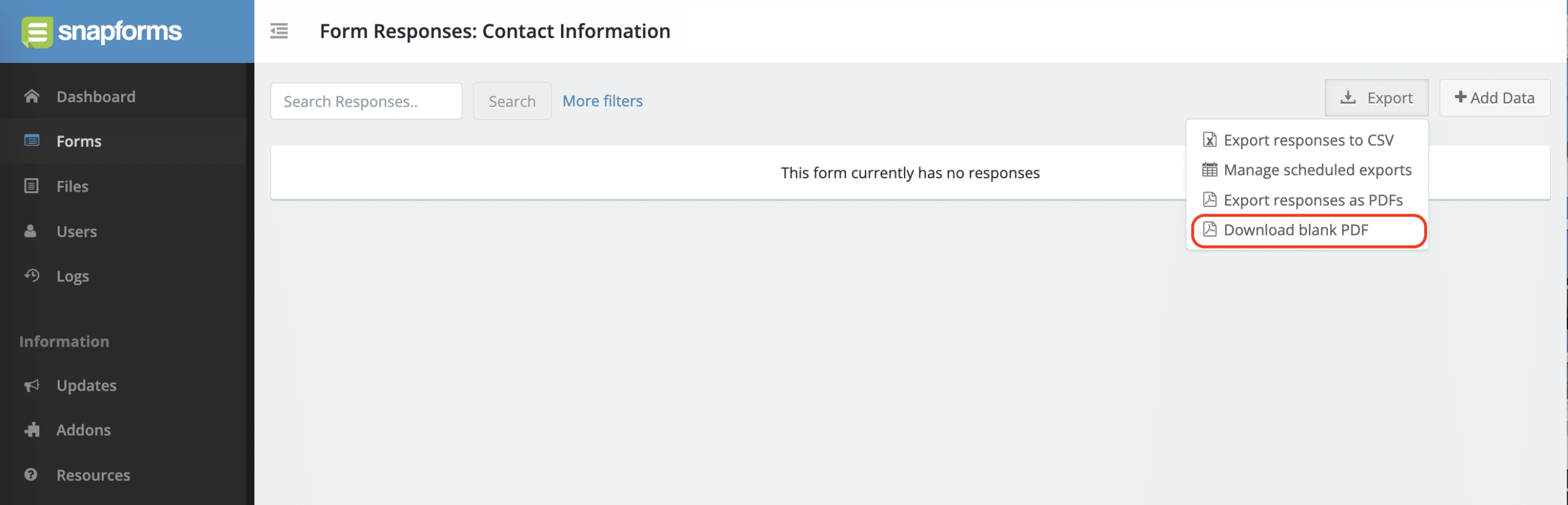 Snapforms interface showing steps for downloading a blank PDF copy of a form