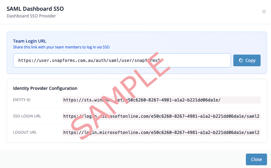 Snapforms interface showing SSO provider configuration details