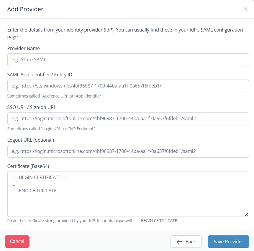 Snapforms interface showing SAML provider configuration fields for SSO