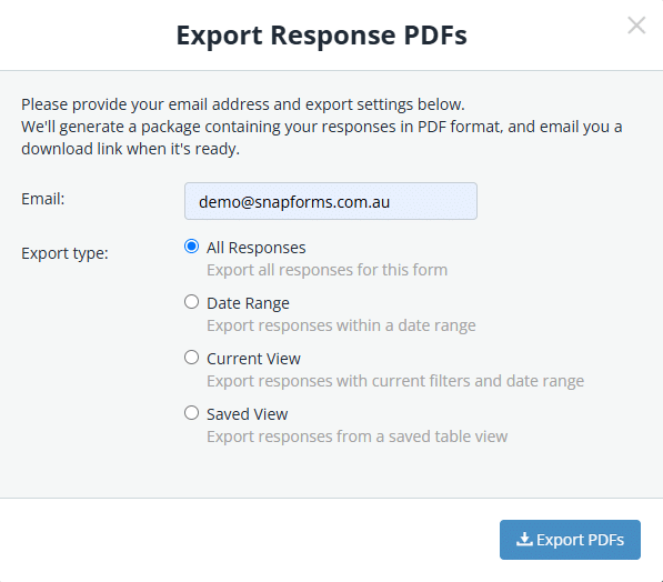 Snapforms interface showing options for exporting responses as PDFs