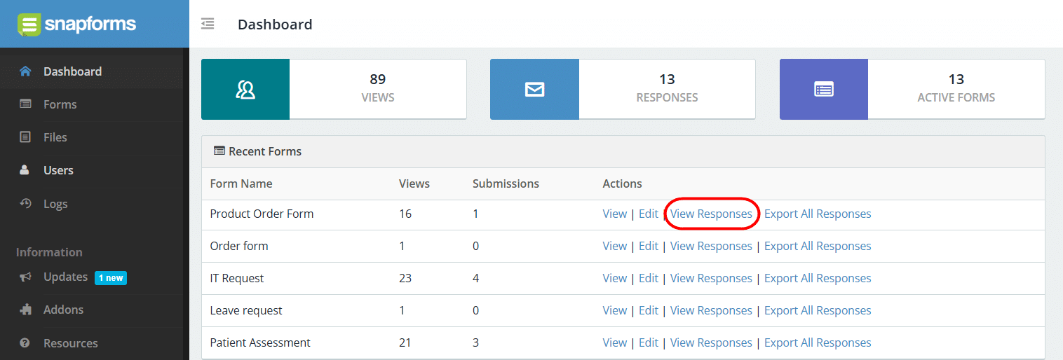 Snapforms interface showing the forms dashboard