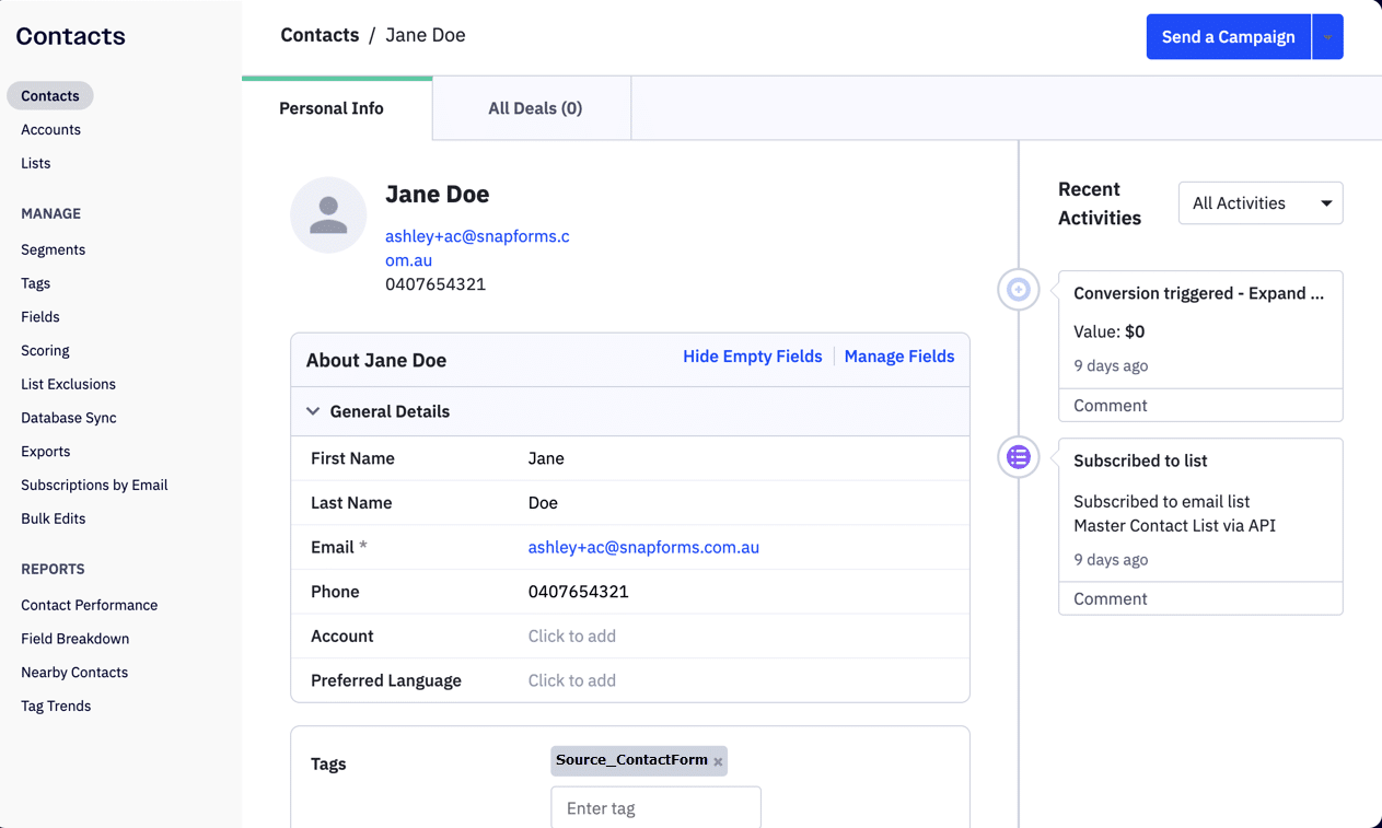 ActiveCampaign interface showing contact information imported via Snapforms