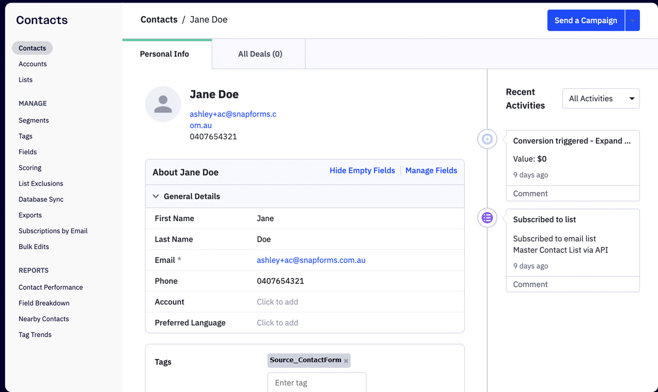 ActiveCampaign interface showing contact information imported via Snapforms