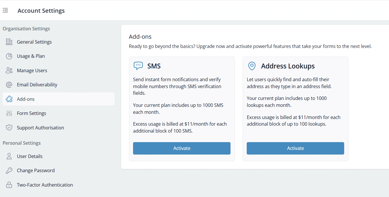 Snapforms interface showing add-on activation in Account Settings