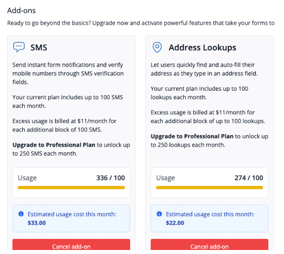 Snapforms interface showing add-on usage in Account Settings