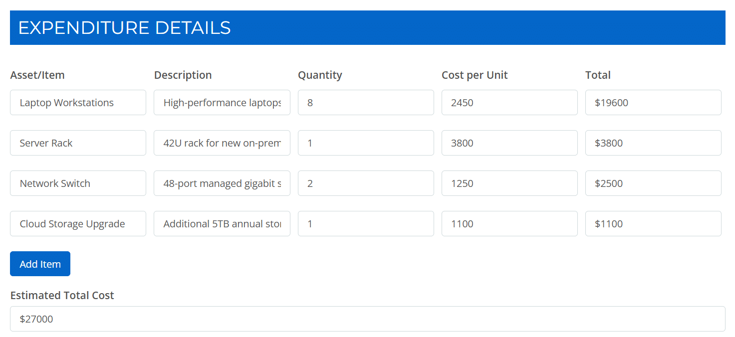 Example of form using calculation fields to auto-calculate totals both inside and outside of a table.