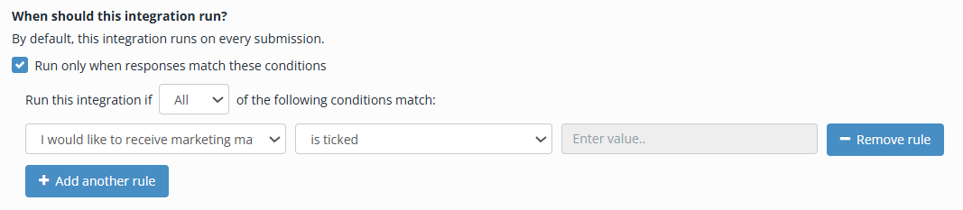 Snapforms interface showing conditional logic settings for syncing submissions with ActiveCampaign