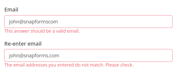 Example of online form with errors showing email and confirm email fields don't match.