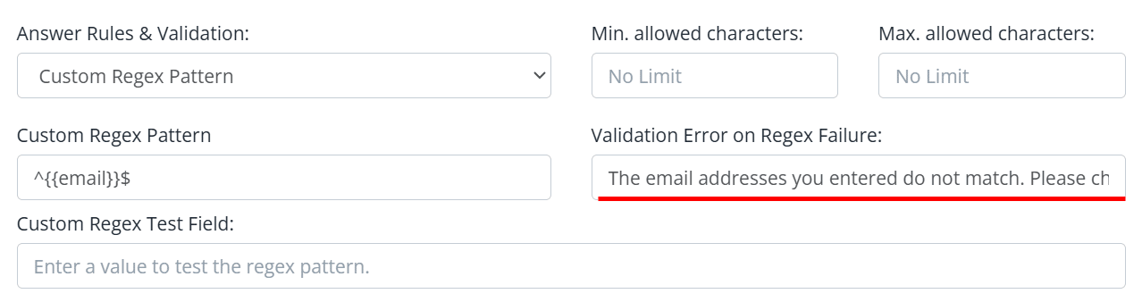 Snapforms interface showing regex validation rule