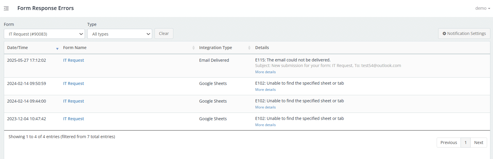 Snapforms interface showing list of response processing errors for a selected form.
