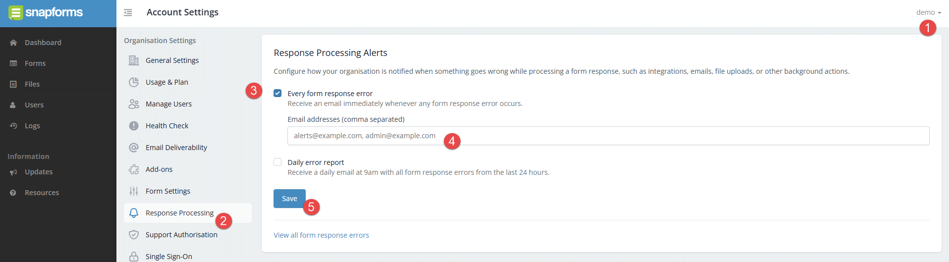 Snapforms interface showing response processing alerts and link to form response errors.