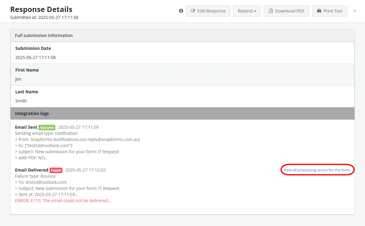 Snapforms interface showing response processing errors for a selected form