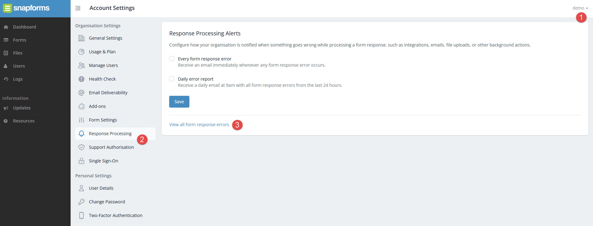 Snapforms interface showing response processing alerts and link to form response errors.