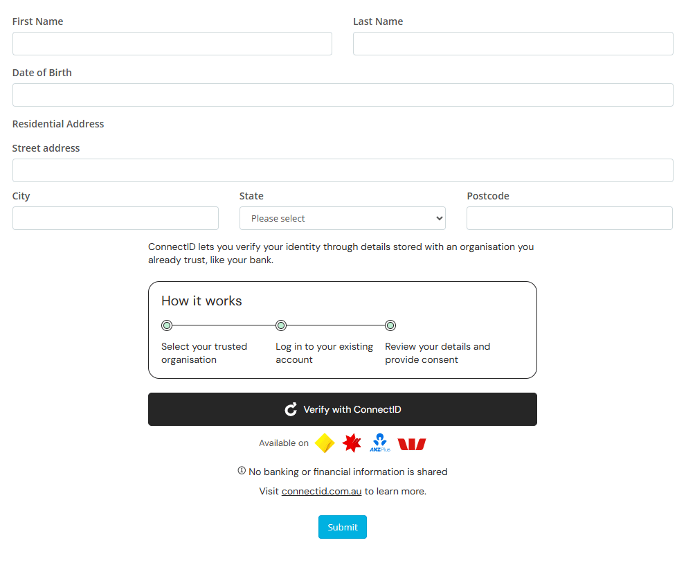 Example form showing ConnectID button used for verifying personal details via trusted institutions.
