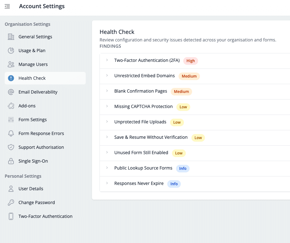 Snapforms interface showing the Health Check dashboard