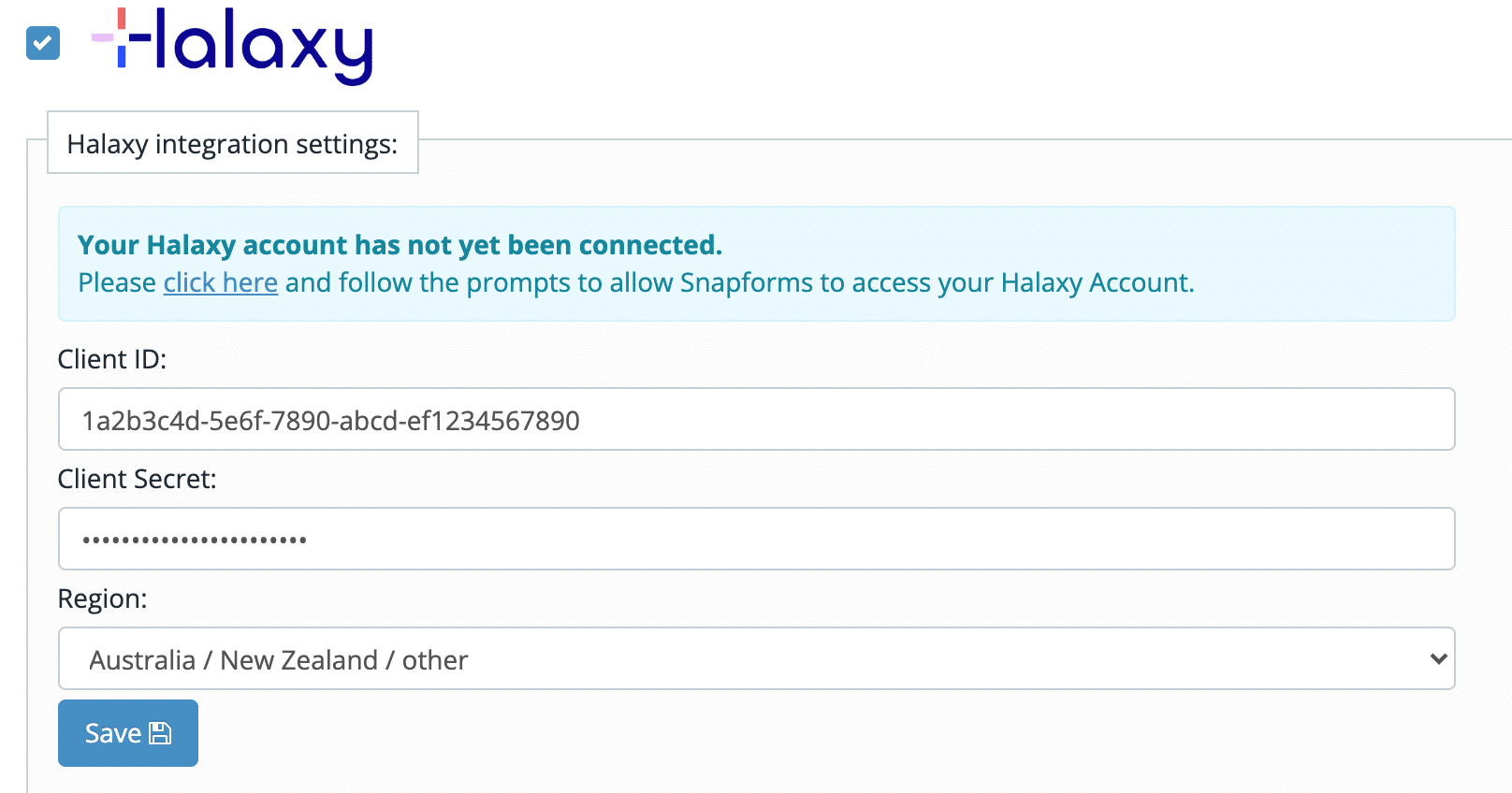 Halaxy integration panel with Client ID, Client Secret and Region fields and a Save button