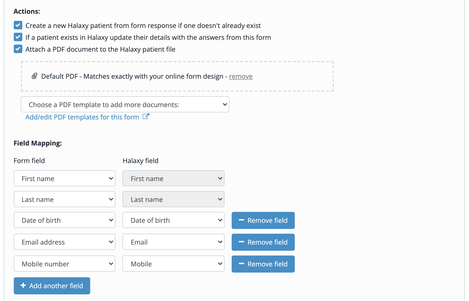 Halaxy integration settings with all three actions enabled and five form fields mapped to Halaxy fields