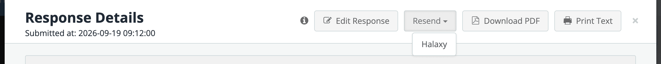 Response Details window with the Resend dropdown open showing Halaxy