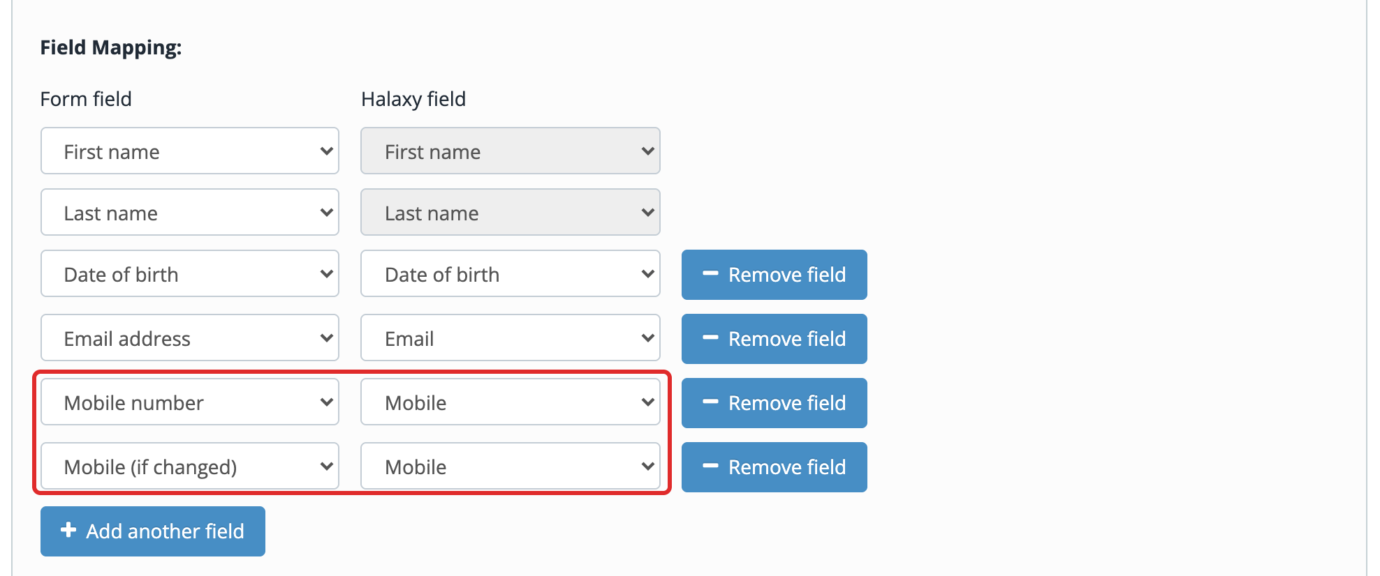 Field mapping with Mobile number and Mobile (if changed) both mapped to the Halaxy Mobile field